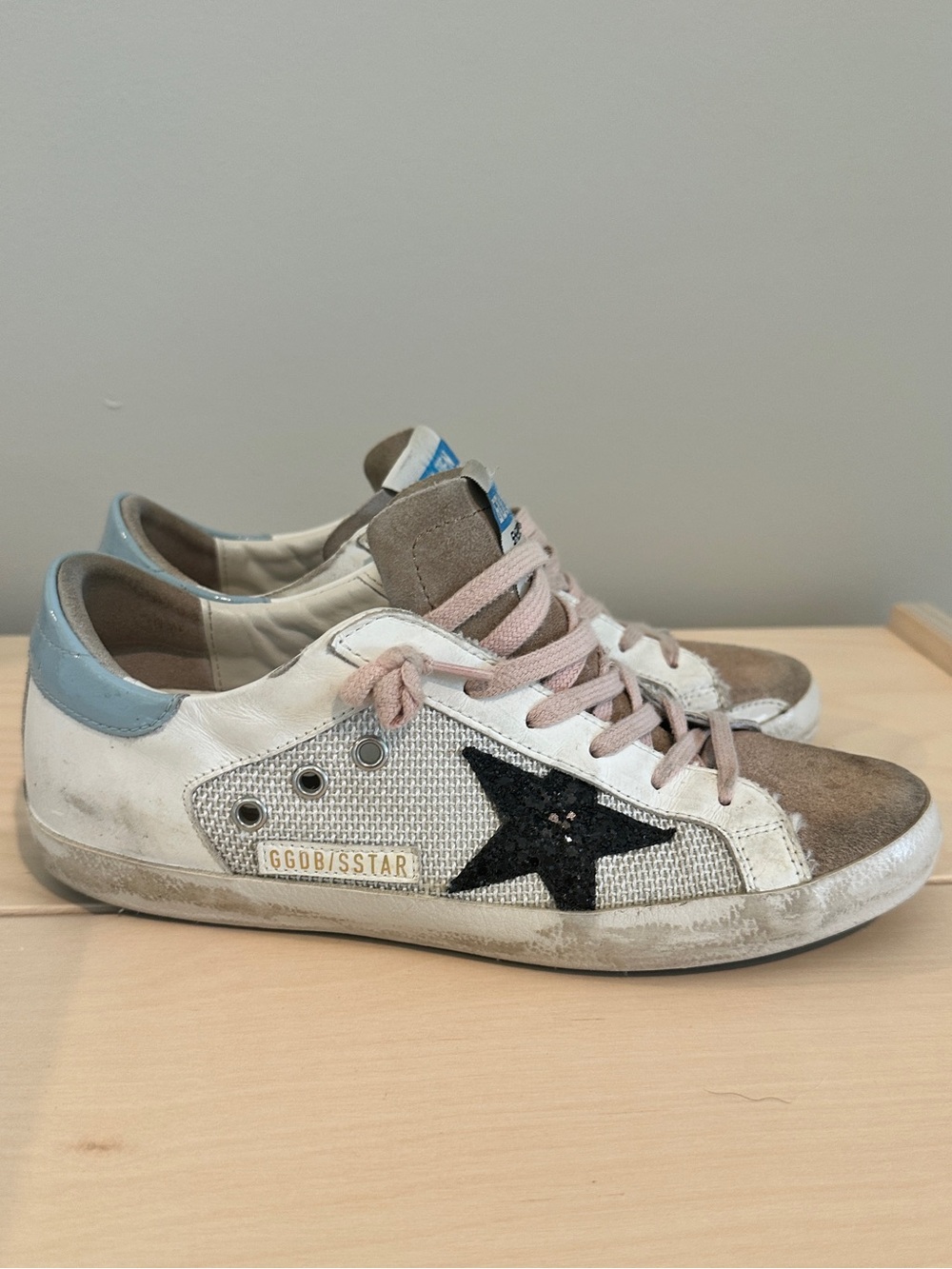 Golden Goose White Leather Sneakers with Black Star and Blue Heel